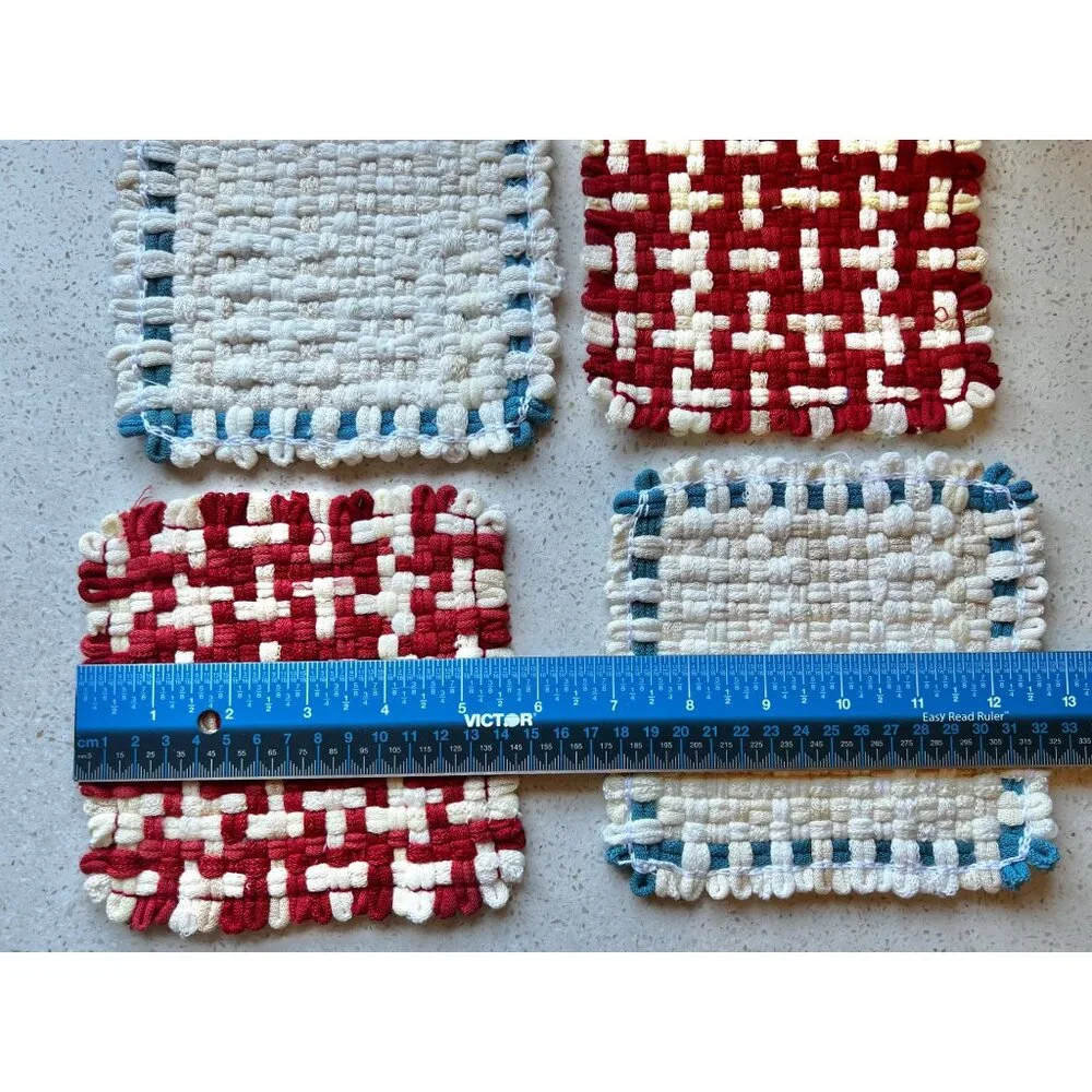 Handwoven Cotton Pot Holders Set Of 5 - Multicolor Large & Red/White/Blue Small
